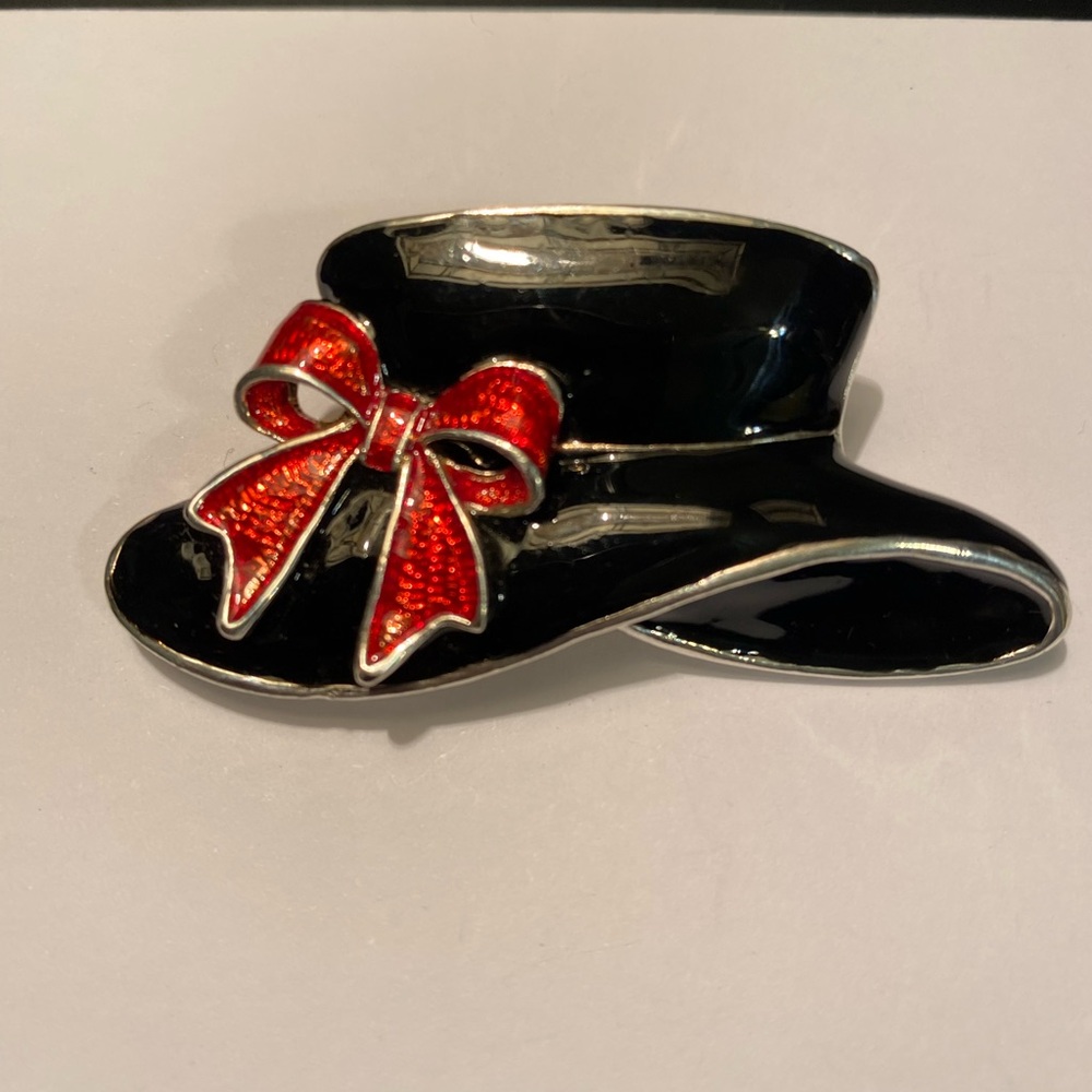 Vintage Black Hat Brooch with Red Bow
